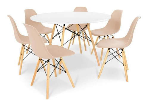 Kit Mesa Jantar Eiffel 120cm Branca +6 Cadeiras Eames Eiffel Cor Nude