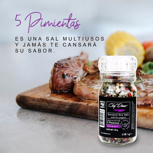 Sal De Mar Ahumada Grano 5 Pimientas Molino 120g Chef Demo