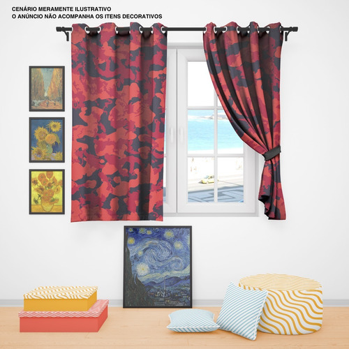 Imagem 3 de 4 de Cortina Tecido Quarto Camuflado Vermelho Retro 2,50x1,40m