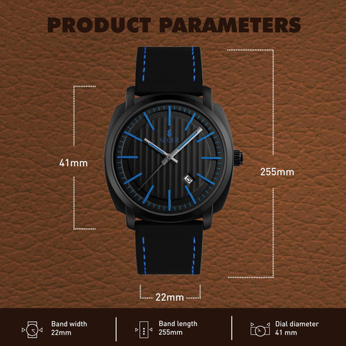 Reloj Minimalista Elegante Seger 9169 Analogico Fecha Cuero Color De La Malla Negro/azul