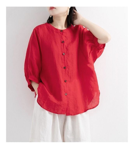Camisa De Algodón Y Lino Con Manga De Farol Para Mujer