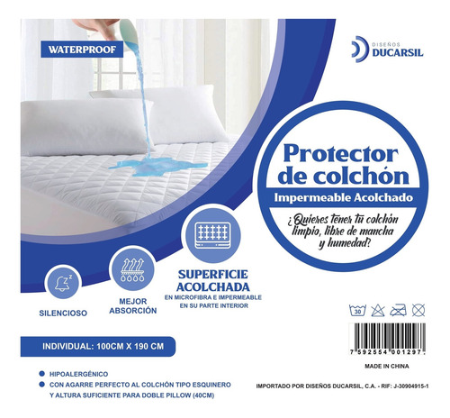 Imagen 4 de 5 de Protector De Colchón Acolchado Deluxe Ducarsil Individual