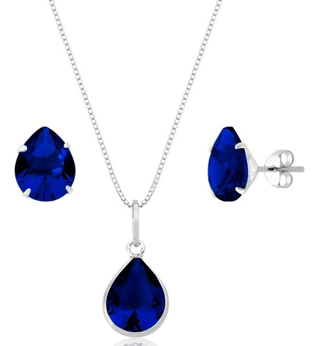 Colar Prata 925 Zirconia Conjunto Gota Brinco E Pingente Cor Azul