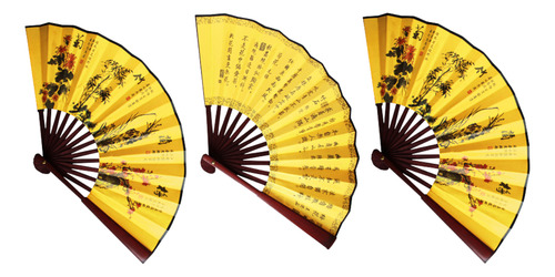 Kit 3 Leques Dobrável Bambu Cosplay Chinês Japão Kung Fu