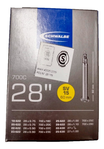 Imagen 2 de 2 de Camara P/ Bici Schwalbe Rodado 28 V / Presta 60mm Sv15