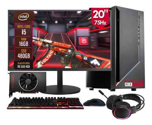 PC Gamer Completo 2Eletro Win Intel Core i5 16Gb Ram Amd Radeon Rx 550 4Gb Ssd 480Gb Monitor 20" 75Hz Fonte 500W Gabinete preto com frontal Rgb Pg2e-Rgb0139wi