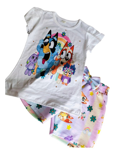 Conjunto Playera Y Short De Bluey Y Bingo Vacaciones Brillos Bluey M