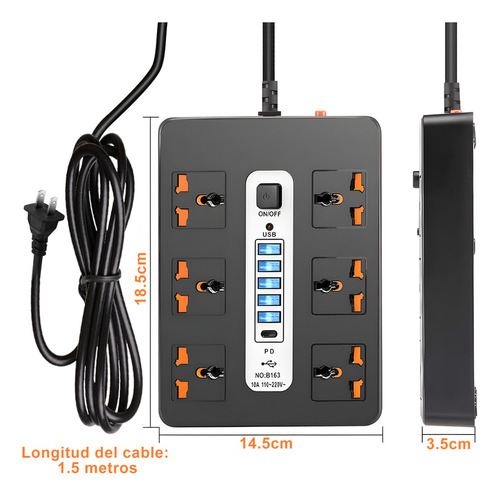 Multicontacto de 6 tomas con 5 usb +1 TYPE-C color negro largo del cable de 1.5m 10A