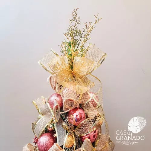 Árvore De Natal Rosa E Dourado Decorada Pronta P Uso 70cm