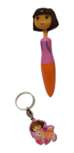 Kit Infantil Caneta Super Fofa + Chaveiro Dora Aventureira
