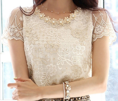 Blusa De Gasa Encaje Labrado Dorado Talla S Nueva Importada