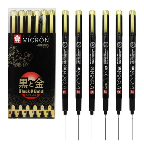 Set Pigma Black & Gold Estilógrafo 6pz Punta Fina Rotulador