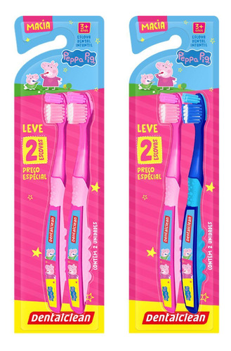 Kit 2 Escova Dental Peppa Pig Macia - 3 Anos+ - Dentalclean