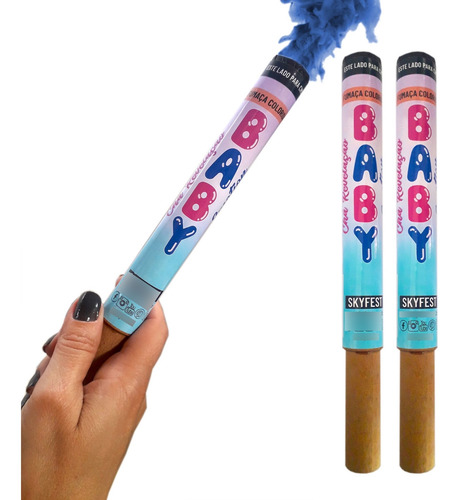 Kit Com 2 Fumaça Chá Revelação Bastão Baby Emotion Skyfest Cor Azul