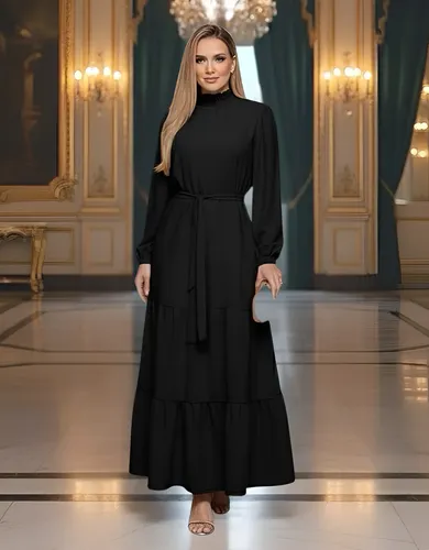 Vestido Longo Feminino Manga Longa Gola Alta Evangélico Luxo