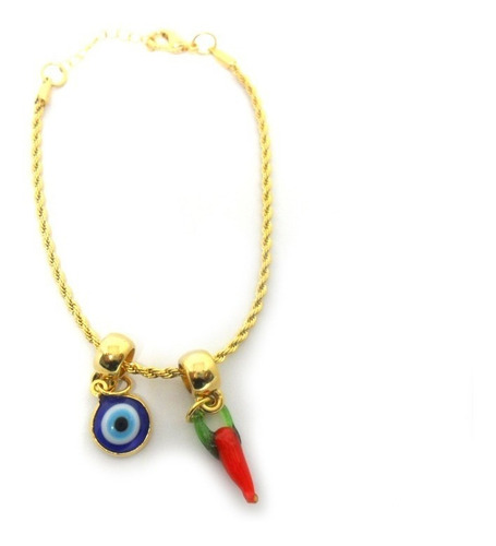 Pulseira Feminina Torcida Olho Grego E Pimenta Folheado Ouro