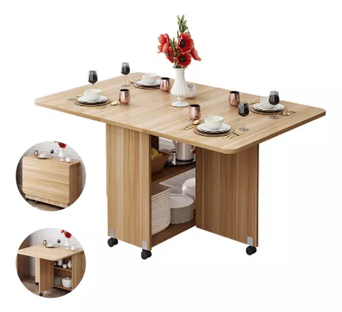 Mesa Comedor Plegable Ruedas Madera Multifuncion Movible 140 Color de la  tapa Café Color de las patas Café