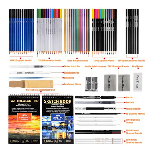 Kit Profesional De 76 Lápices De Dibujo Y Acuarela
