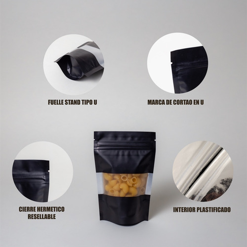 Imagen 4 de 6 de 100 Bolsa Stand Up Pouch Cierre Negro Mate Ventana De 60 Grs