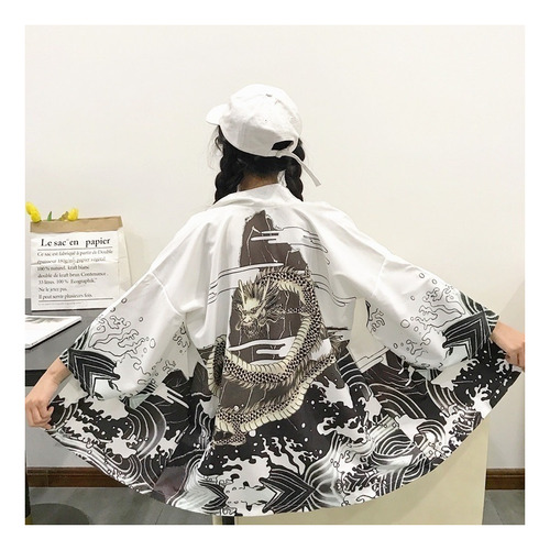Kimono Japonés Mujer Abrigo Largo Yukata Dragón