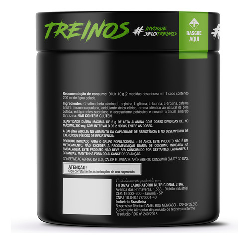 Pre Treino Pre Workout Zero Carbo Com Creatina Pote 300g Sabor Pina Colada FTW - DIABO VERDE