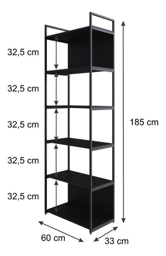 Estante Alta C/06 Prateleiras 185x60x33cm C/fundo Yon Cor Preto Tx/est.preta