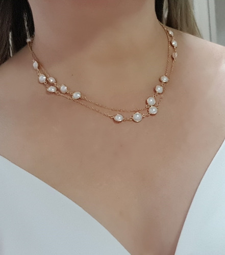 Imagem 2 de 7 de Gargantilha Choker Feminina Pérola Semi Jóia Banhado Ouro