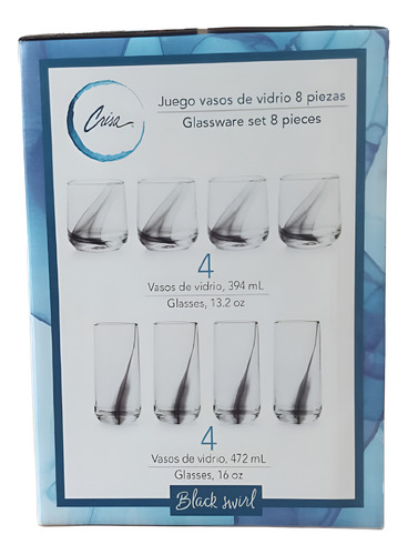 Juego 8 Pzs Vasos Crisa Altos Cortos Liston Negro