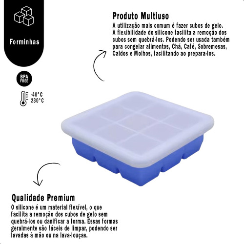 2 Formas De Silicone 9 Cubos Cozinha Com Tampa Drinks Gelo Cor Azul