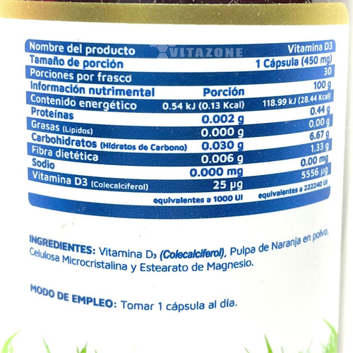 Imagen 2 de 4 de Vitamina D3 Vidanat 30 Cápsulas