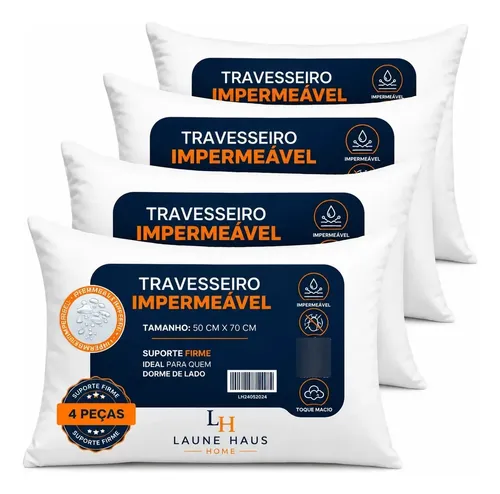 4 Travesseiros Impermeável Laune Haus Antialérgico 50x70 Branco