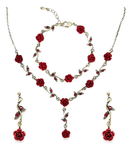 Conjunto De Joyas Para Mujer Collar Y Aretes Y Pulsera Rosas