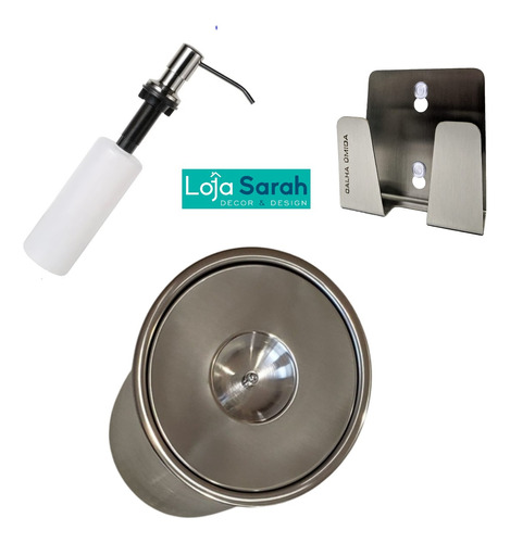 Kit Lixeira Embutir P + Dosador + Porta Esponja Em Inox 304