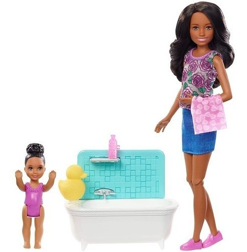 Boneca Barbie Skipper Babysitters Negra Com Banheira E Bebê