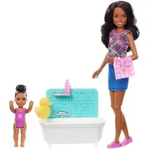 Comprar Muñeca negra Barbie Skipper Babysitters con bañera y bebé