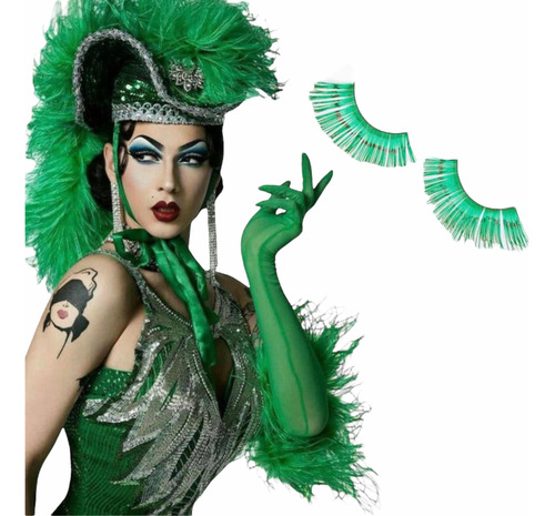 Pestañas Postizas Metalizadas Color Verde Cosplay Drag Queen