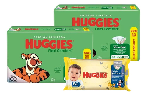 2 Pañales Huggies Flexi Verde + Toallitas Triple Proteccion