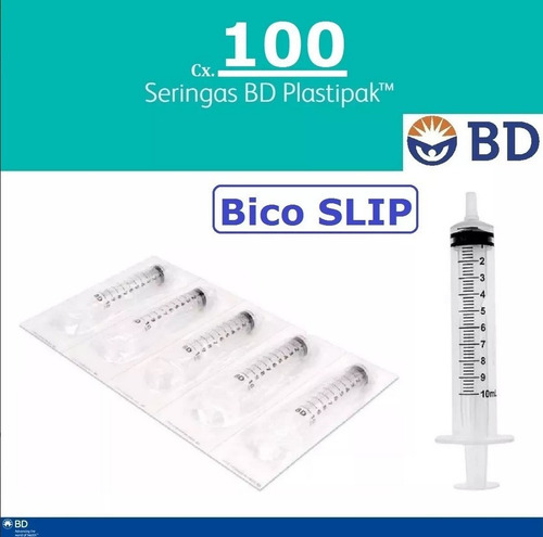 Seringa 10ml Bd Slip Bico Liso Descartável C/100 Seringas