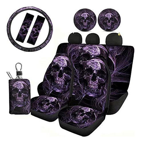 Jeiento Purple Skull Car Seat Cover Protector Full Set 10 Pc