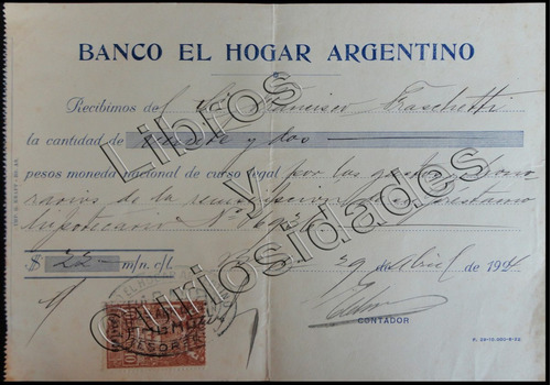 Antiguo Recibo Banco El Hogar Argentino. Año 1924. 23057