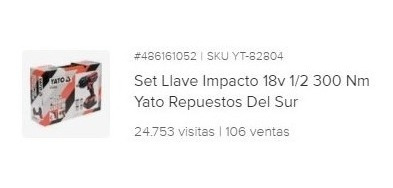 Imagen 2 de 6 de Set Llave Pistola Impacto Inalámbrica 18 V 1/2 300 Nm Yato