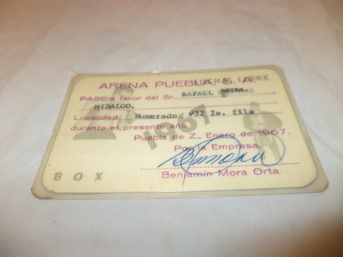 Pase Anual Box Y Lucha Libre Arena Puebla 1967 (Usado)
