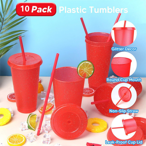 Vasos Reutilizables De 24 Oz Con Tapa Y Popote, 15 Piezas Color Rojo