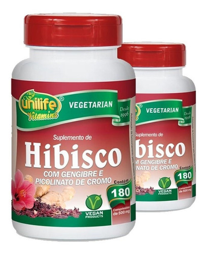 Kit 2 Hibisco Com Gengibre 180 Comprimidos Unilife Sabor Sem Sabor