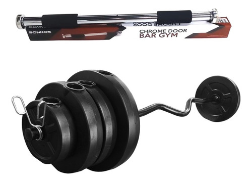 Barra Dominadas + Kit Biceps Barra Ez 22 Kg Discos Sonnos