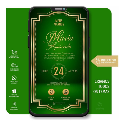 Convite Virtual Feminino Verde Dourado 30 40 50 Anos