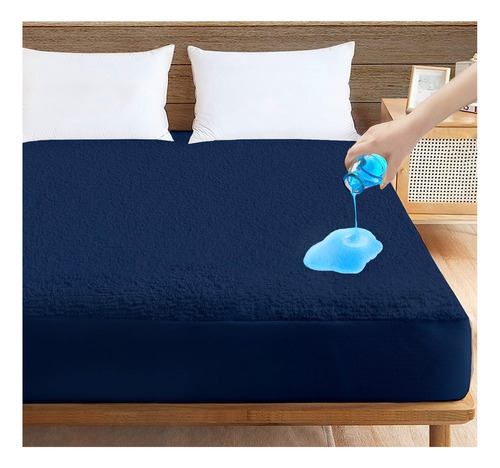 Cubre Colchon Impermeable Tejido De Rizo Individual Liso Color Azul