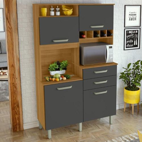 Cozinha Compacta Jr Mdf 120 Cm 4 Portas Marrom Freijó Cinza