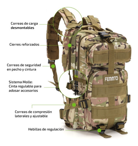 Imagen 2 de 8 de Mochila Tactica De Camping 30 Litros Femmto Mochilero Viaje