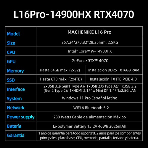 Portátil Gamer I9-14900hx Machenike L16p Rtx4070 Ddr5 32g 1t